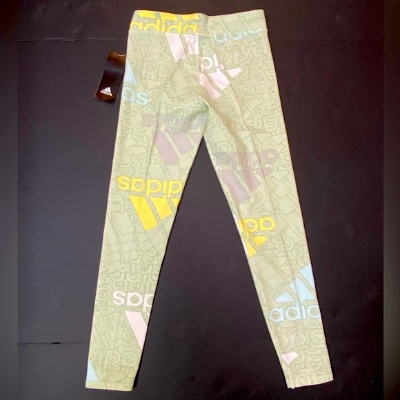 NWT Adidas Brand Love Allover Print Tights Leggings Linen Green Girls M (10/12) - Picture 2 of 11